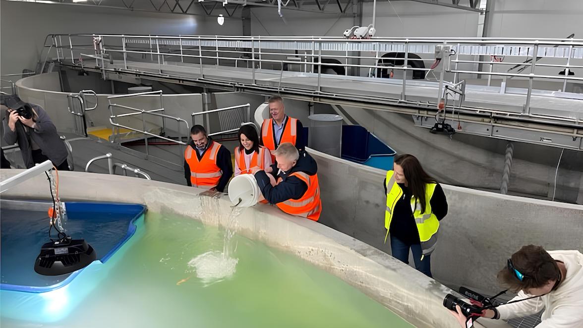 Tasmanian Premier Jeremy Rockliff officially opens Cressy III, introducing smolt to the new facility.